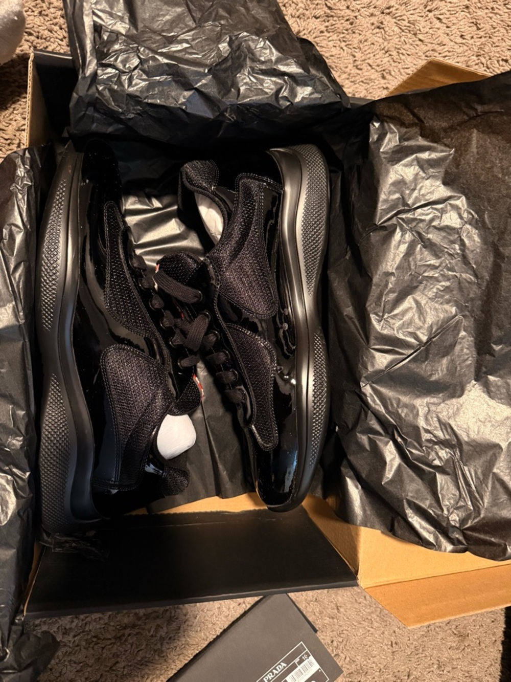 Prada Black Men's Athletic Sneakers with Knit and Patent Trim